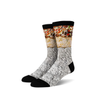 Pair of crew socks with a burrito design. The socks are mainly white, gray, and black, showing a detailed burrito image wrapped in foil.