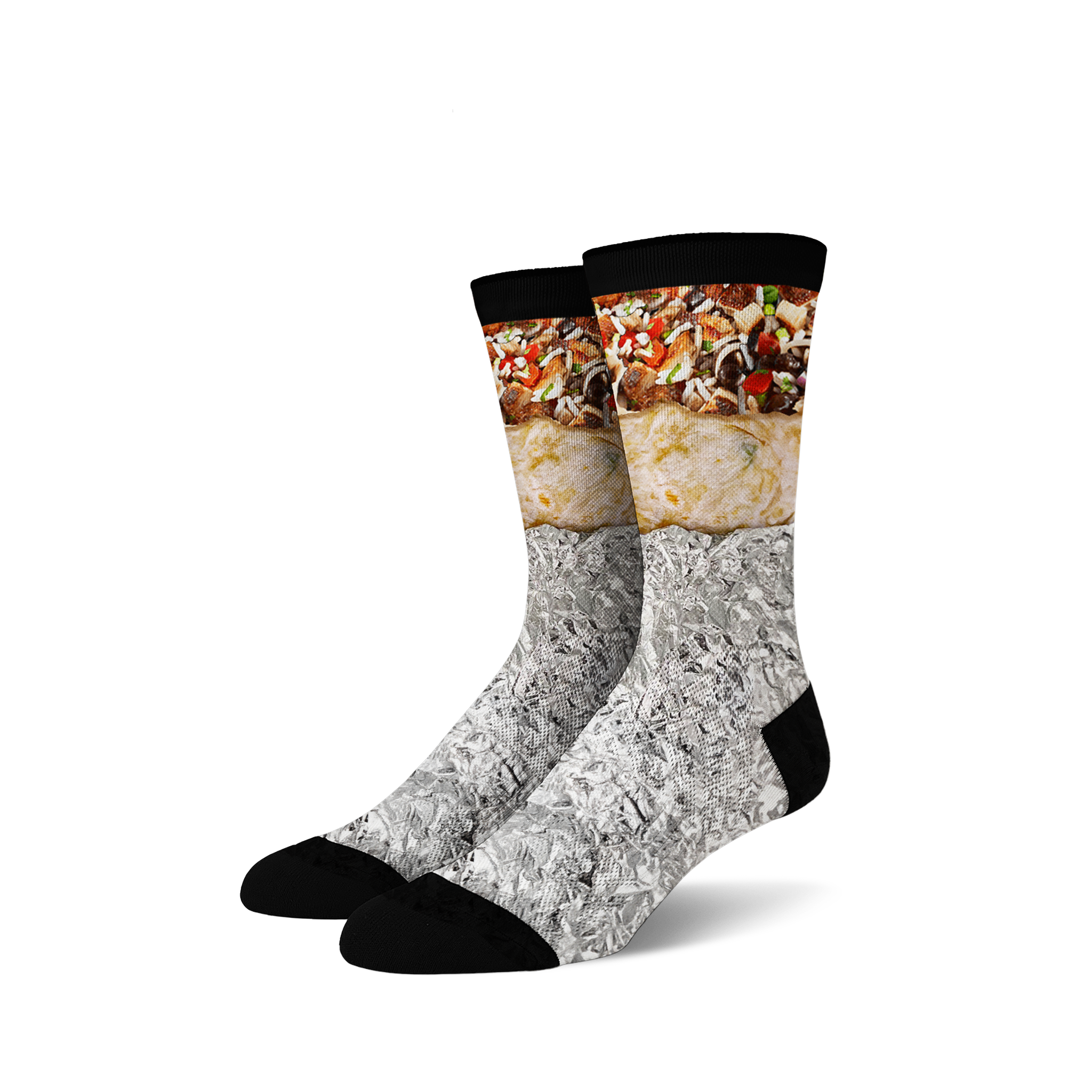 Pair of crew socks with a burrito design. The socks are mainly white, gray, and black, showing a detailed burrito image wrapped in foil.