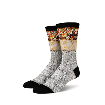 Pair of crew socks with a burrito design. The socks are mainly white, gray, and black, showing a detailed burrito image wrapped in foil.
