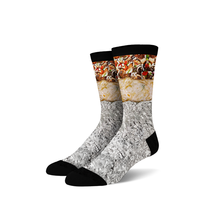 Pair of crew socks with a burrito design. The socks are mainly white, gray, and black, showing a detailed burrito image wrapped in foil.
