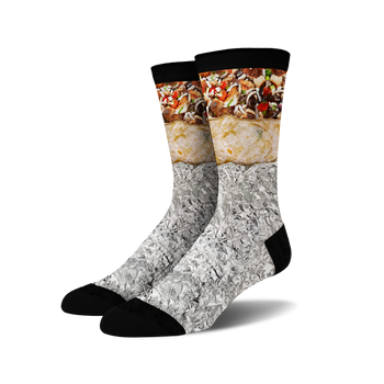  black crew socks with a full-color photo-quality 360-degree print of a classic beef-filled burrito.  