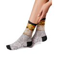 Lifestyle shot of a woman wearing Breakfast Burrito 360 socks.
