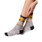 Lifestyle shot of a woman wearing Breakfast Burrito 360 socks.