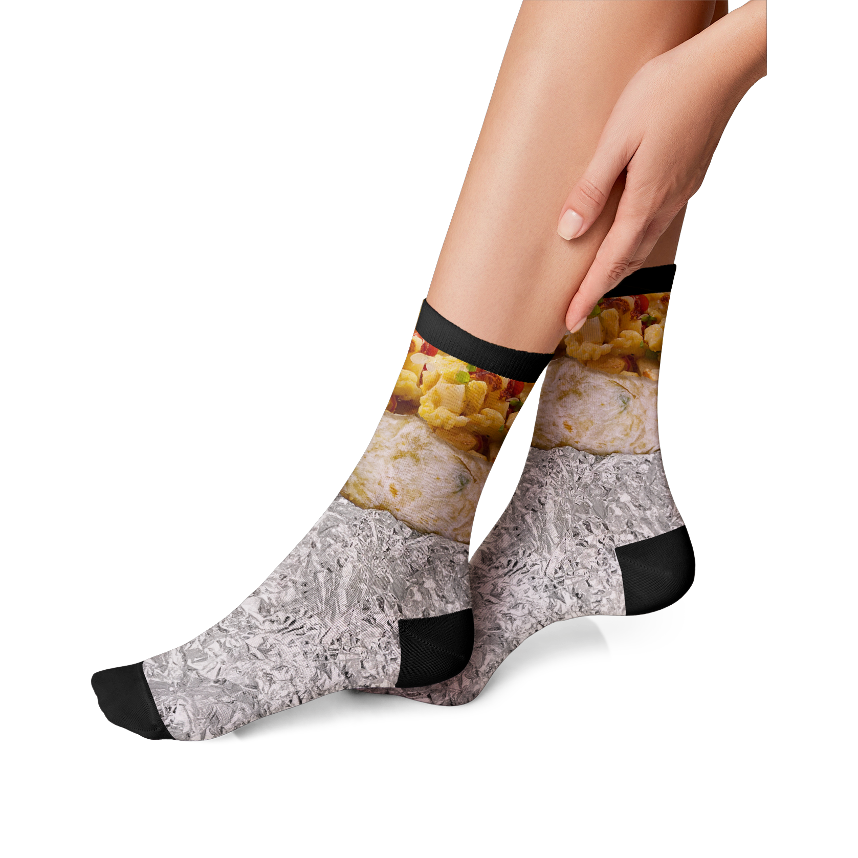 Lifestyle shot of a woman wearing Breakfast Burrito 360 socks.