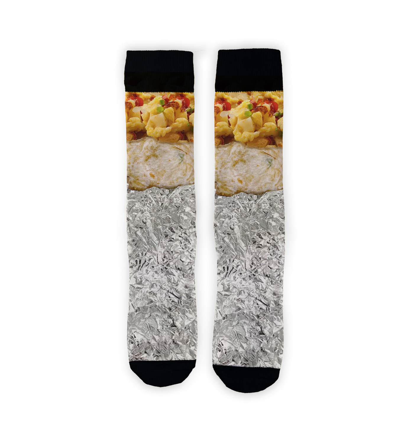 Flat lay showcasing the Breakfast Burrito 360 socks against a black background.