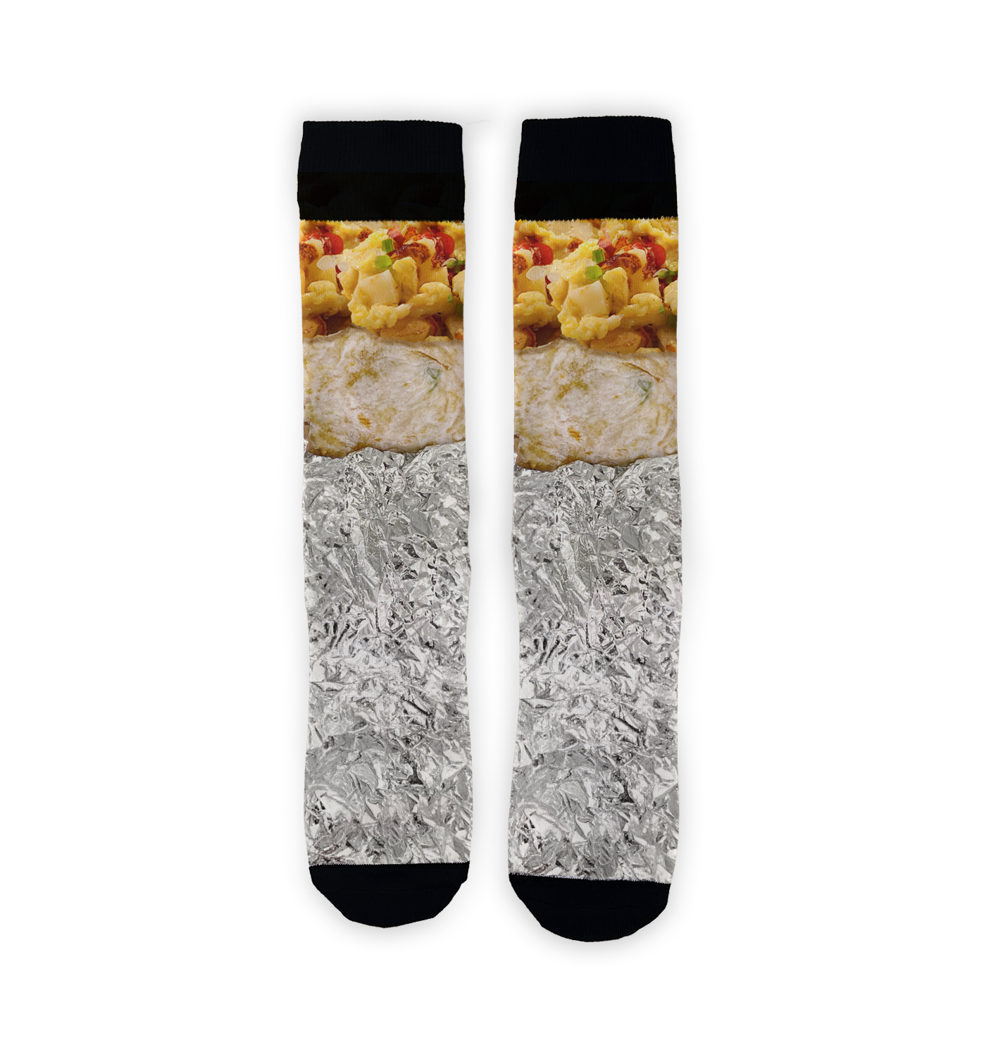 Flat lay showcasing the Breakfast Burrito 360 socks against a black background.