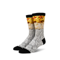 Pair of crew socks with a breakfast burrito design. The socks are primarily white, gray (foil), and feature yellows and browns of the burrito filling.