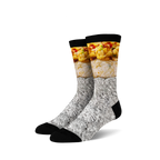 Pair of crew socks with a breakfast burrito design. The socks are primarily white, gray (foil), and feature yellows and browns of the burrito filling.