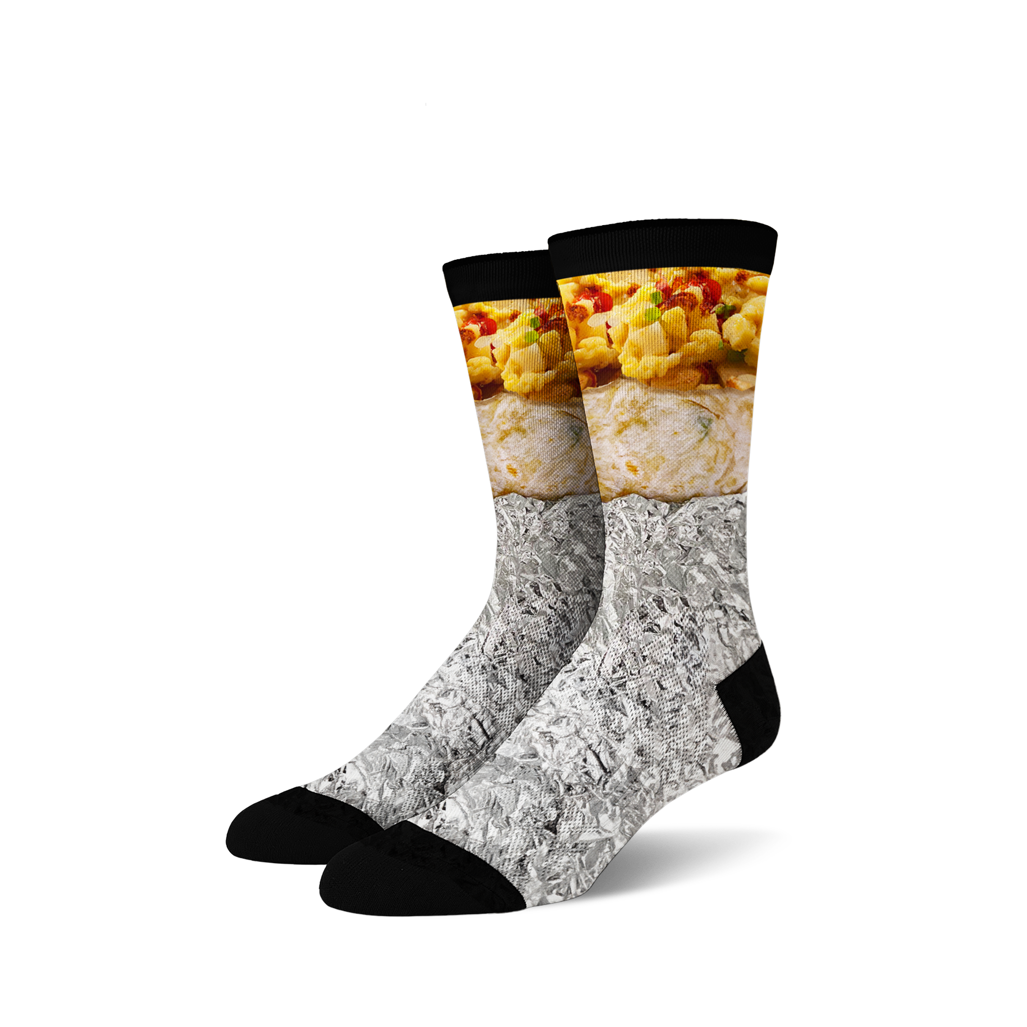 Pair of crew socks with a breakfast burrito design. The socks are primarily white, gray (foil), and feature yellows and browns of the burrito filling.