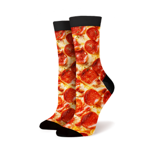 A pair of socks with a photorealistic pepperoni pizza pattern.