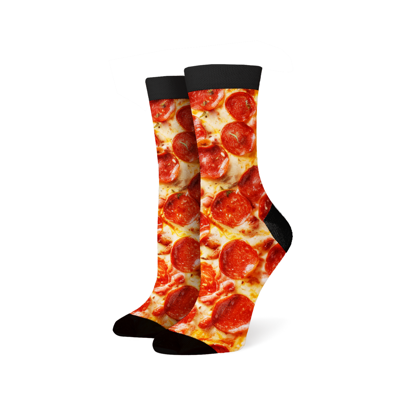 Lifestyle shot of a person wearing the pepperoni pizza socks.