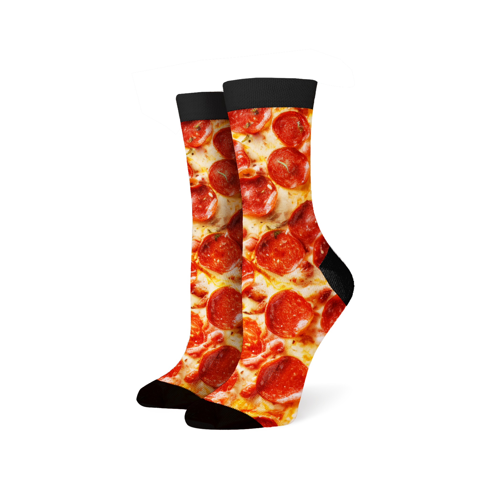 Lifestyle shot of a person wearing the pepperoni pizza socks.