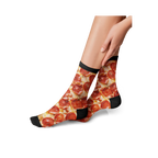 Flat lay product shot showing both pepperoni pizza socks together.