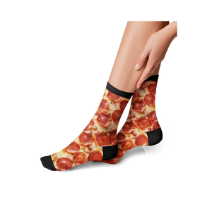 Flat lay product shot showing both pepperoni pizza socks together.