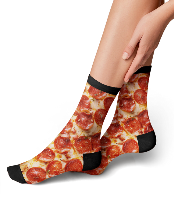 A pair of socks with a photorealistic pepperoni pizza pattern.