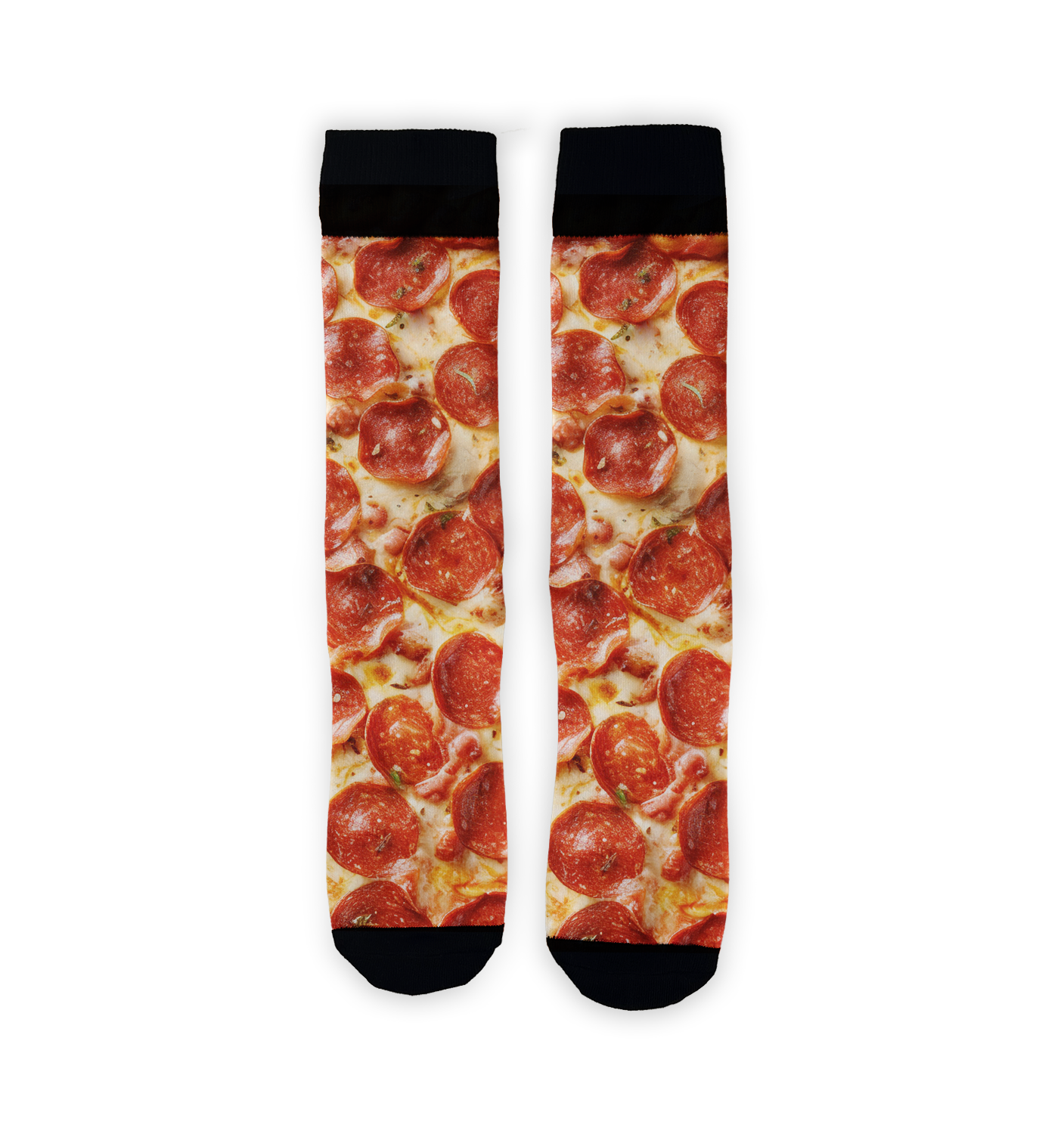 Close-up detail shot highlighting the realistic pepperoni pizza print on the socks.