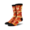 Pair of crew socks with a pepperoni pizza design.  The socks are predominantly red, yellow, and black.