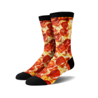 Pair of crew socks with a pepperoni pizza design.  The socks are predominantly red, yellow, and black.