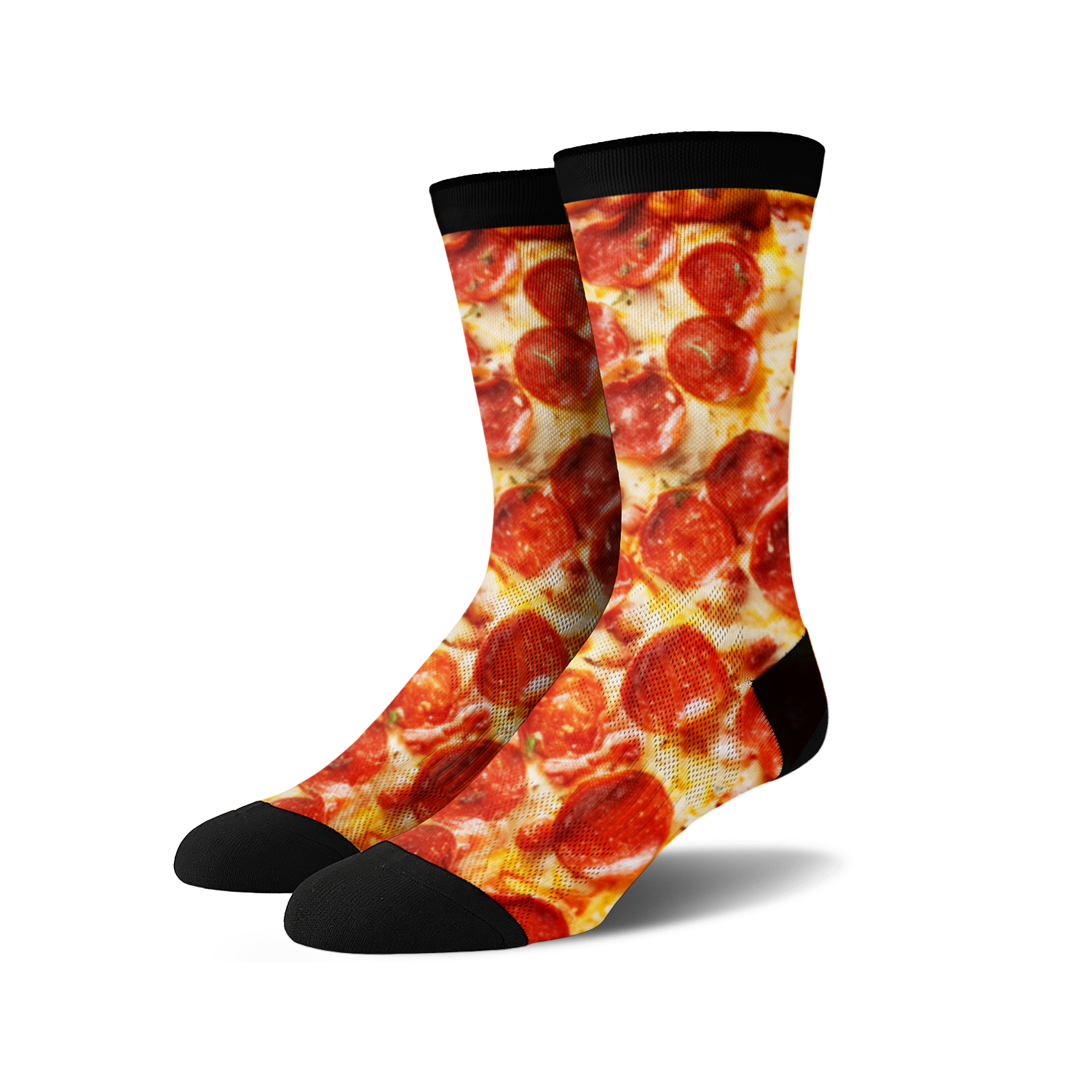 Pair of crew socks with a pepperoni pizza design.  The socks are predominantly red, yellow, and black.