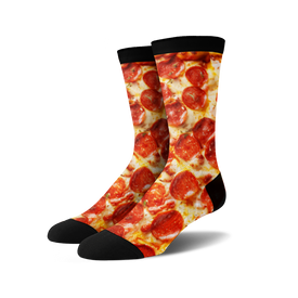 fun pepperoni pizza pattern crew socks in red, yellow, orange, and black. 