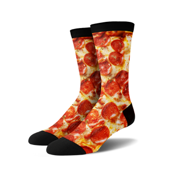 fun pepperoni pizza pattern crew socks in red, yellow, orange, and black. 
