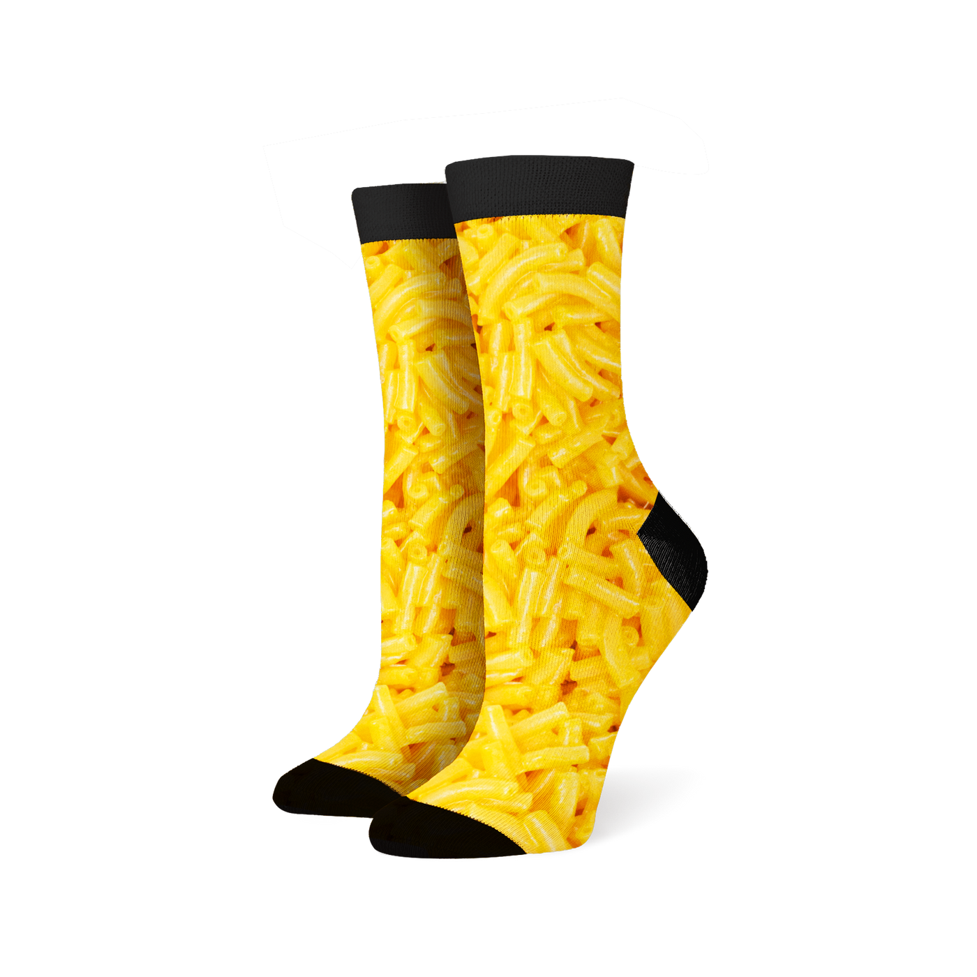Lifestyle shot: Mac & Cheese 360 socks on a person's feet, showing the fit and design in a casual setting.