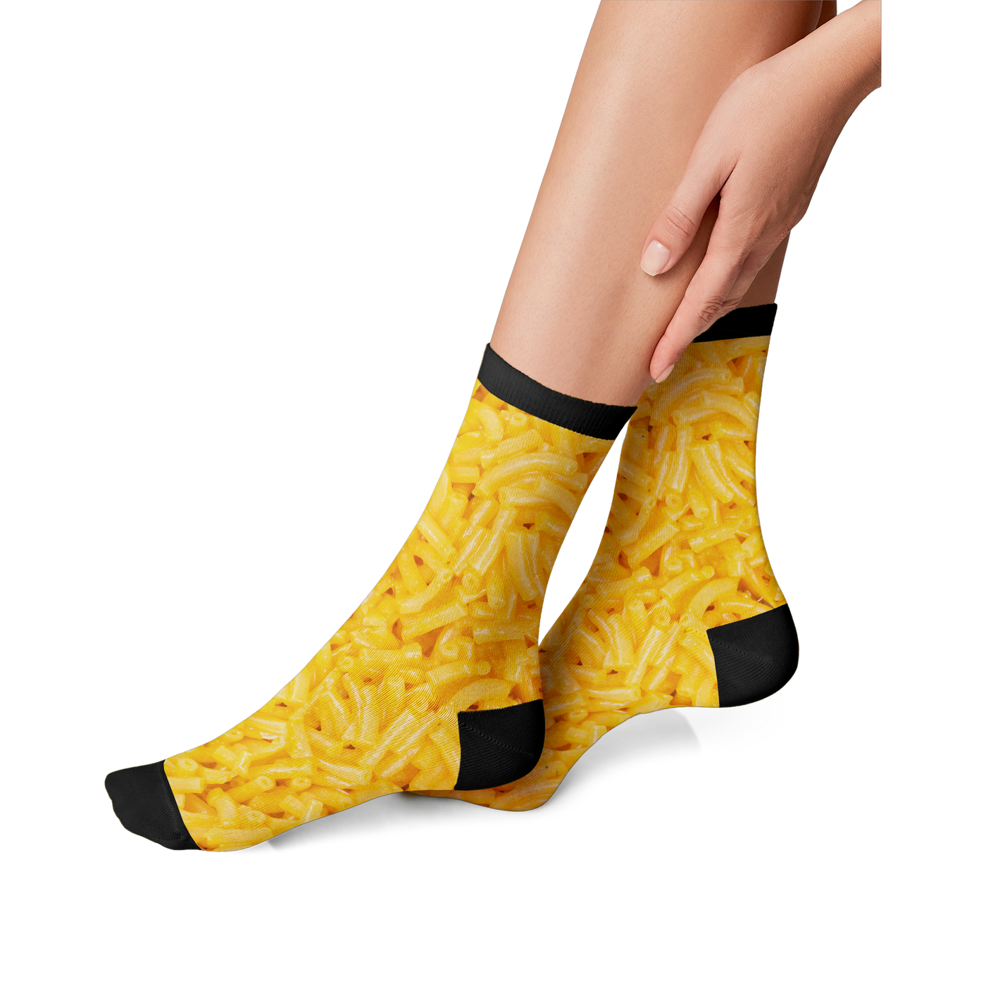 Close-up flatlay showcasing the detailed mac and cheese print on the Mac & Cheese 360 socks.