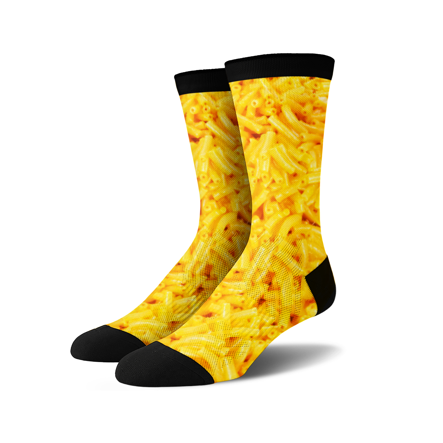 Pair of crew socks with an all-over print of macaroni and cheese in shades of yellow and black.