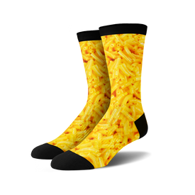 unisex crew socks with a 360-degree macaroni and cheese pattern.  