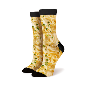 A pair of socks with a pattern of fettuccine alfredo.