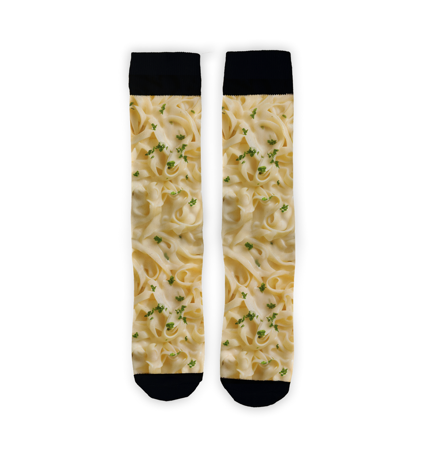 Close-up detail shot highlighting the Alfredo Pasta print on the socks.