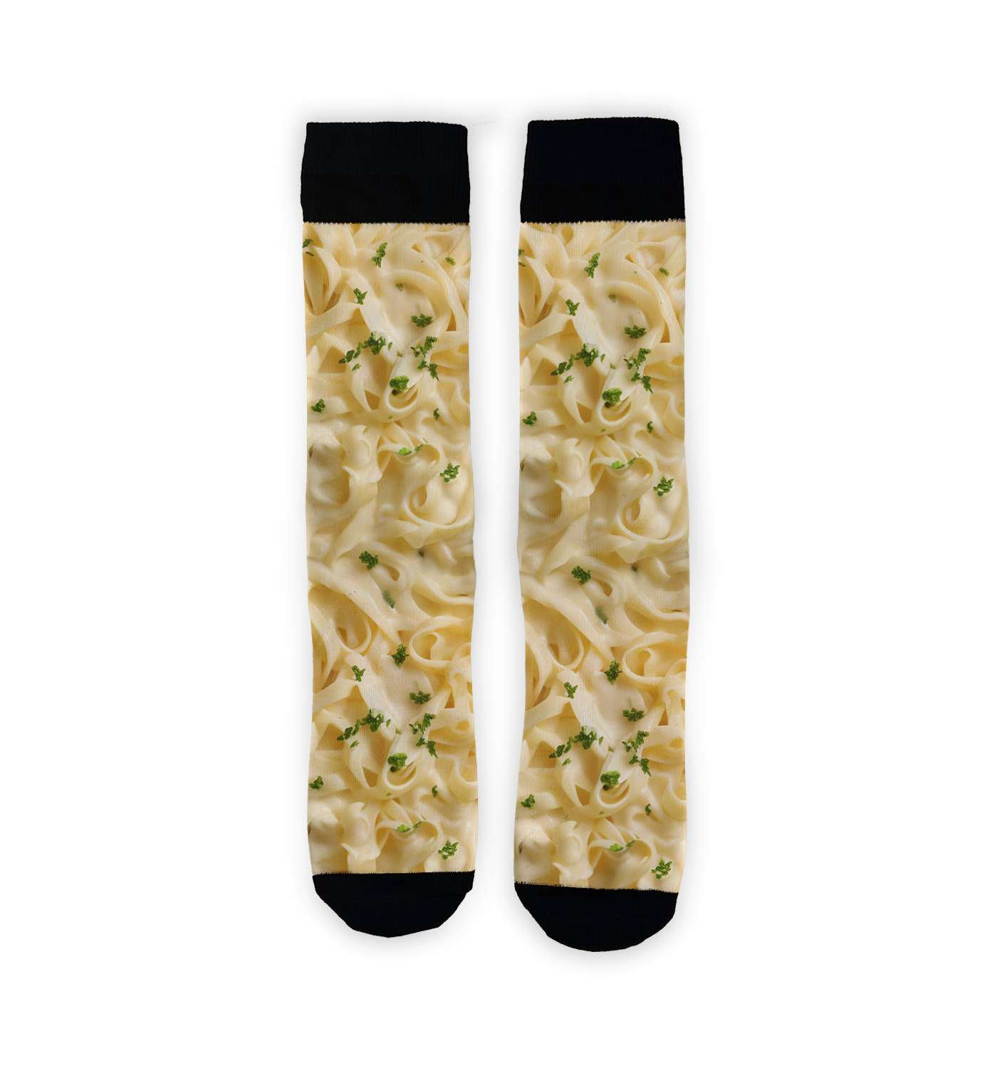 Close-up detail shot highlighting the Alfredo Pasta print on the socks.