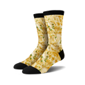 Pair of cream and green Alfredo Pasta crew socks.  The socks feature a realistic pasta design with black cuffs.