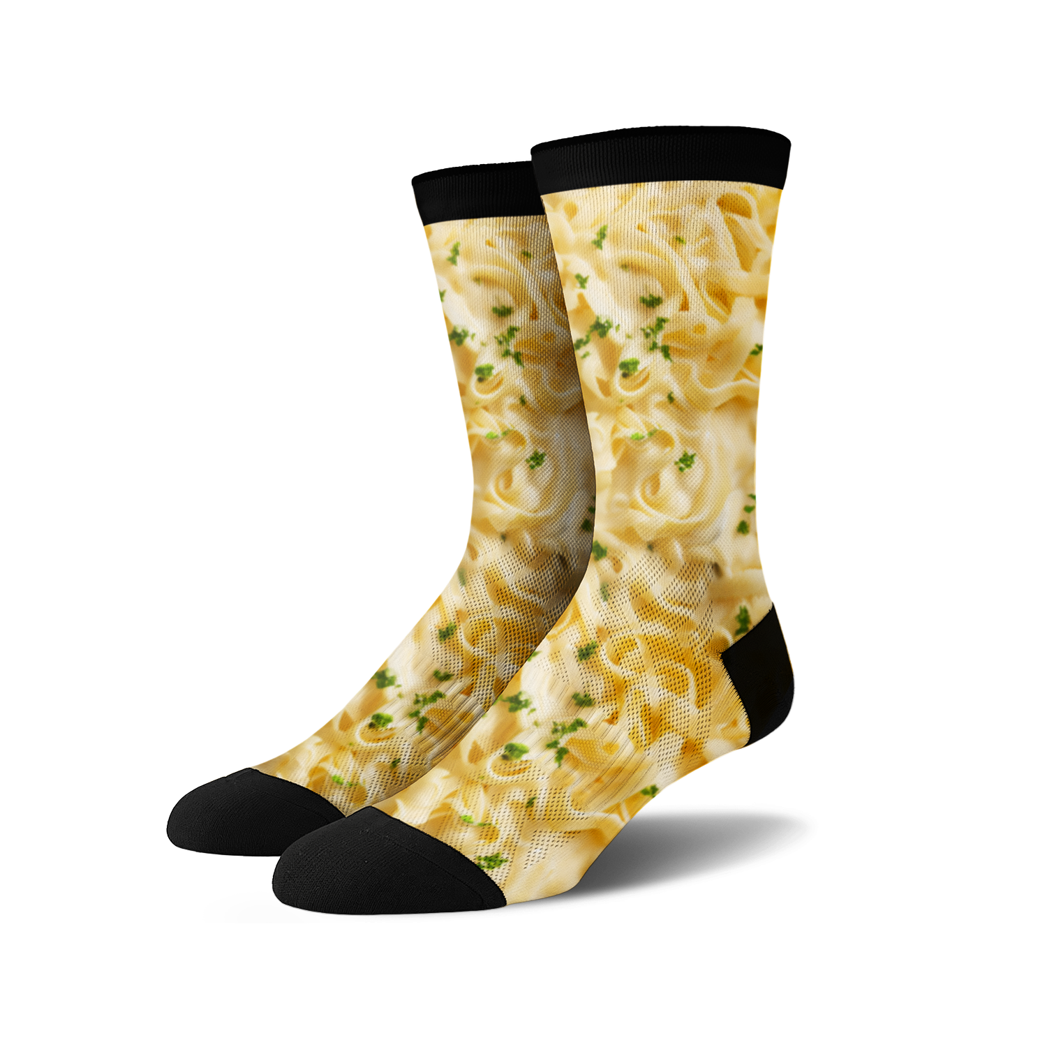 Pair of cream and green Alfredo Pasta crew socks.  The socks feature a realistic pasta design with black cuffs.