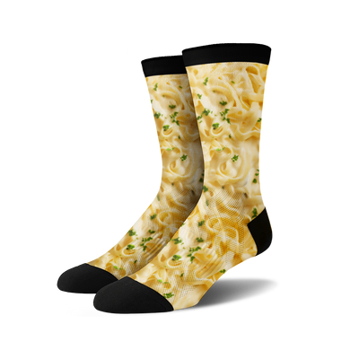 fun fettuccine alfredo pattern crew socks for men and women.   