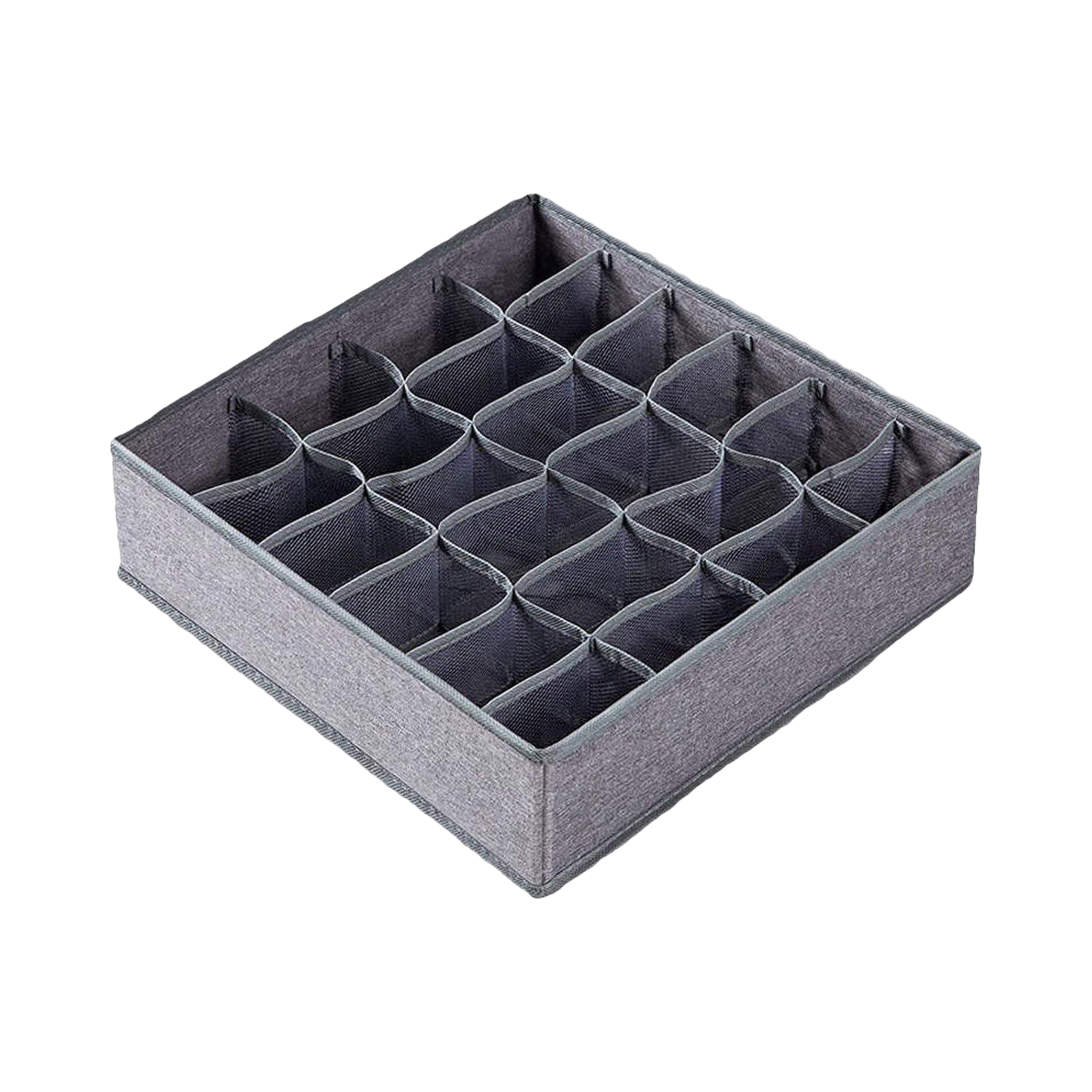 Empty grey fabric sock organizer with 24 compartments, showing the internal structure.