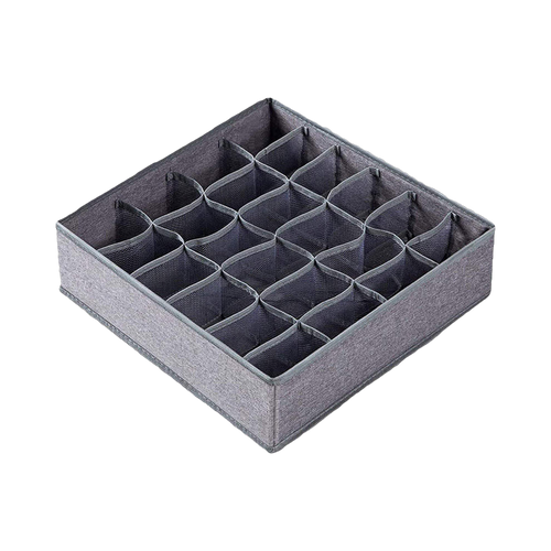 Empty grey fabric sock organizer with 24 compartments, showing the internal structure.