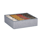 Grey fabric sock organizer with 24 individual compartments.  Perfect for storing and organizing socks of various colors.