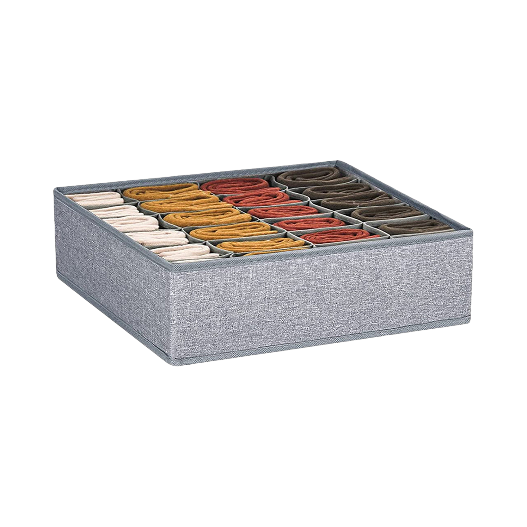 Grey fabric sock organizer with 24 individual compartments.  Perfect for storing and organizing socks of various colors.