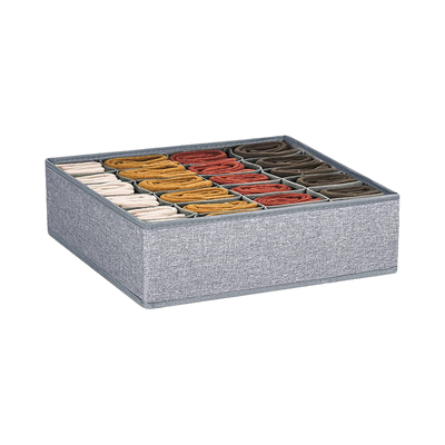 Grey fabric sock organizer with 24 individual compartments.  Perfect for storing and organizing socks of various colors.