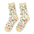 Sheer ankle socks with a climbing green vine and pink and red rosette pattern, finished with solid beige heels and toes.