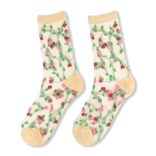 Sheer ankle socks with a climbing green vine and pink and red rosette pattern, finished with solid beige heels and toes.