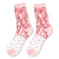 Sheer mesh socks featuring pink cherry blossom branches on the leg, scattered pink dots on the foot, and solid pink toes.