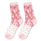 Sheer mesh socks featuring pink cherry blossom branches on the leg, scattered pink dots on the foot, and solid pink toes.