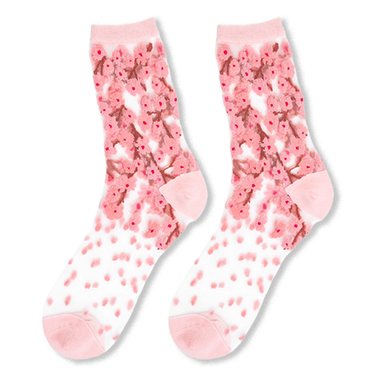 Sheer mesh socks featuring pink cherry blossom branches on the leg, scattered pink dots on the foot, and solid pink toes.