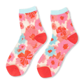 Sheer crew socks featuring a pattern of pink, red, and blue ribbon roses, with a solid light blue cuff and solid red toe.