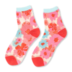 Sheer crew socks featuring a pattern of pink, red, and blue ribbon roses, with a solid light blue cuff and solid red toe.