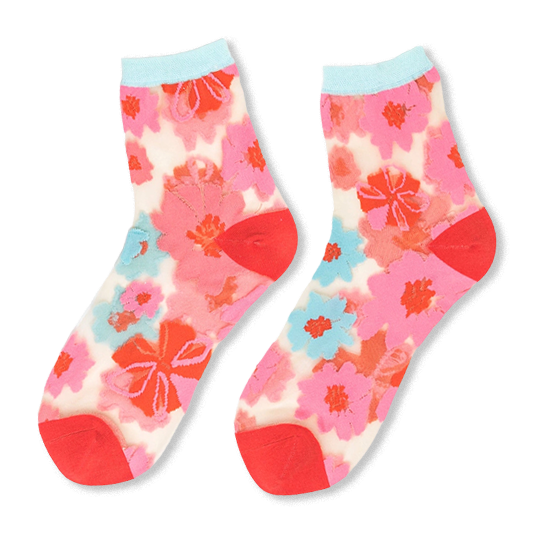 Sheer crew socks featuring a pattern of pink, red, and blue ribbon roses, with a solid light blue cuff and solid red toe.