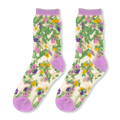 Sheer socks with green vine hearts, tiny yellow, purple, pink, and white flowers, and solid light purple cuffs.