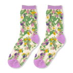 Sheer socks with green vine hearts, tiny yellow, purple, pink, and white flowers, and solid light purple cuffs.